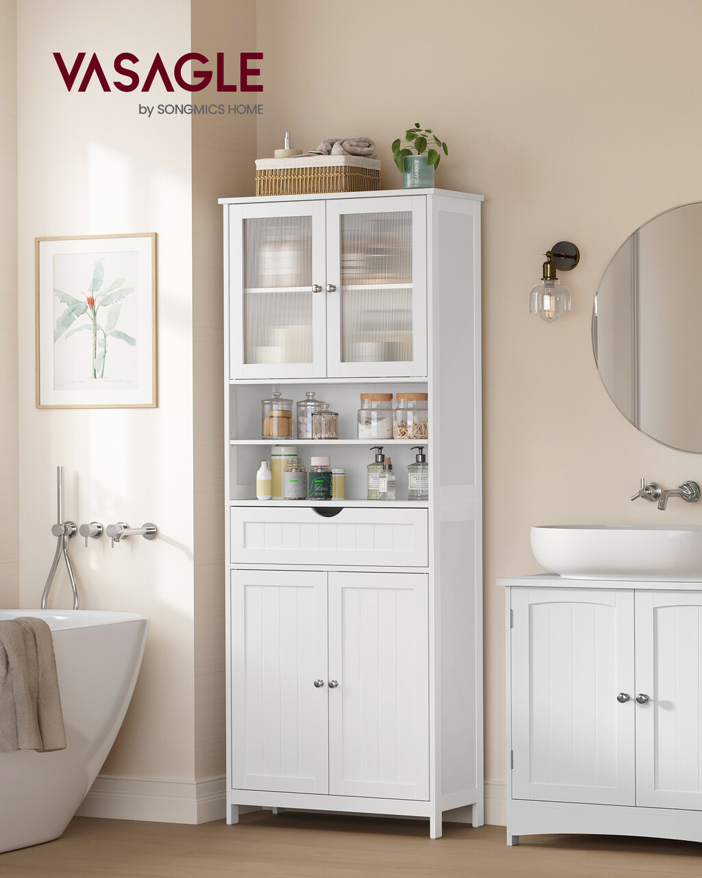 Dulap inalt de baie cu usi acrilice si sertar, Vasagle, 60x30x170 cm, MDF, alb - imagine 7